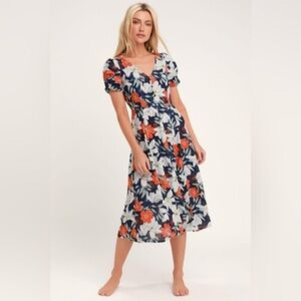 Lulus Pretty Poppies Navy Blue Floral‎ Print Sheer Midi Dress